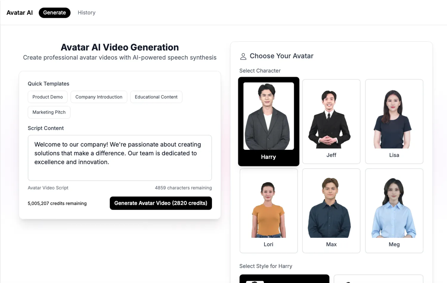 AI Avatar Video Creator Interface