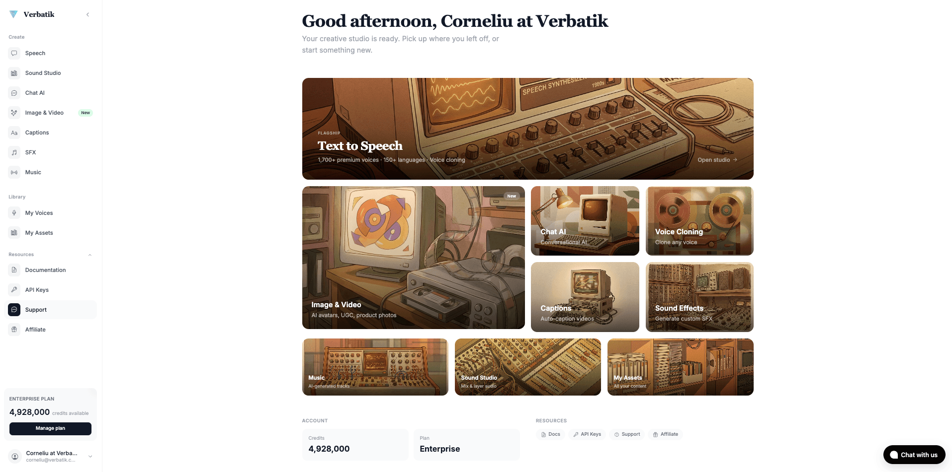 Verbatik AI Dashboard — text to speech, voice cloning, music generation, and sound effects studio
