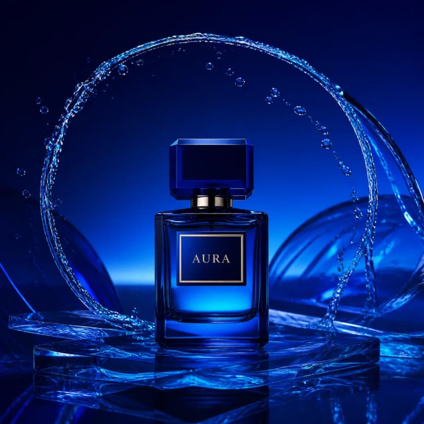 Generated cobalt blue Aura perfume campaign photograph
