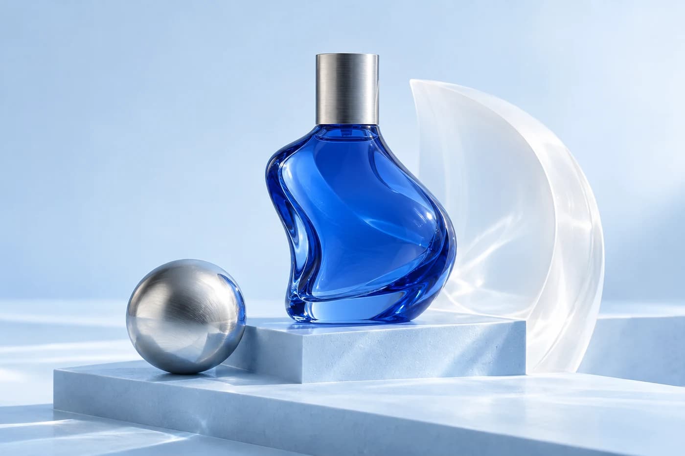 Cobalt glass perfume bottle on a silver pedestal