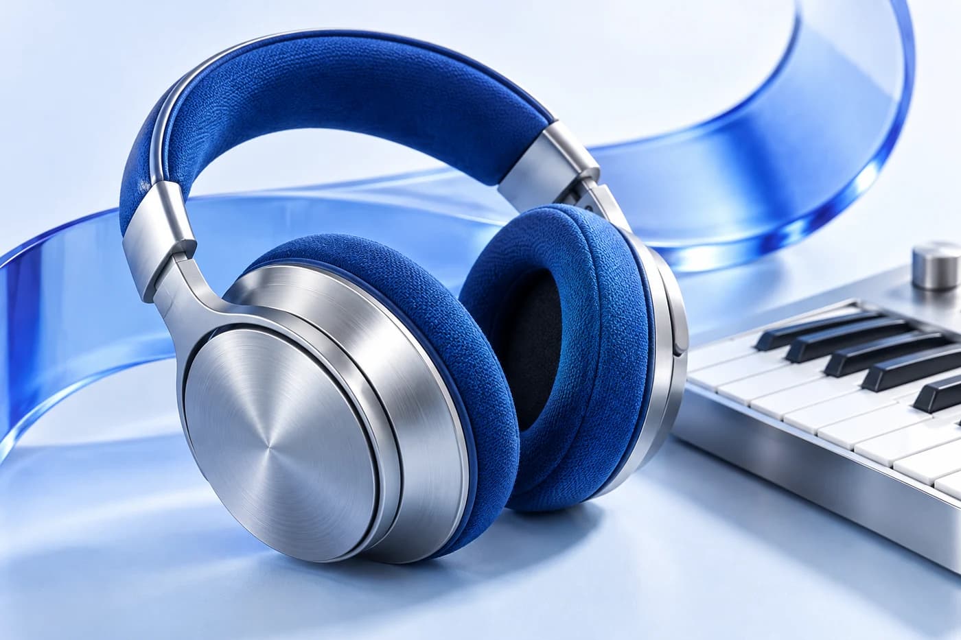 Silver headphones in a cobalt blue recording studio