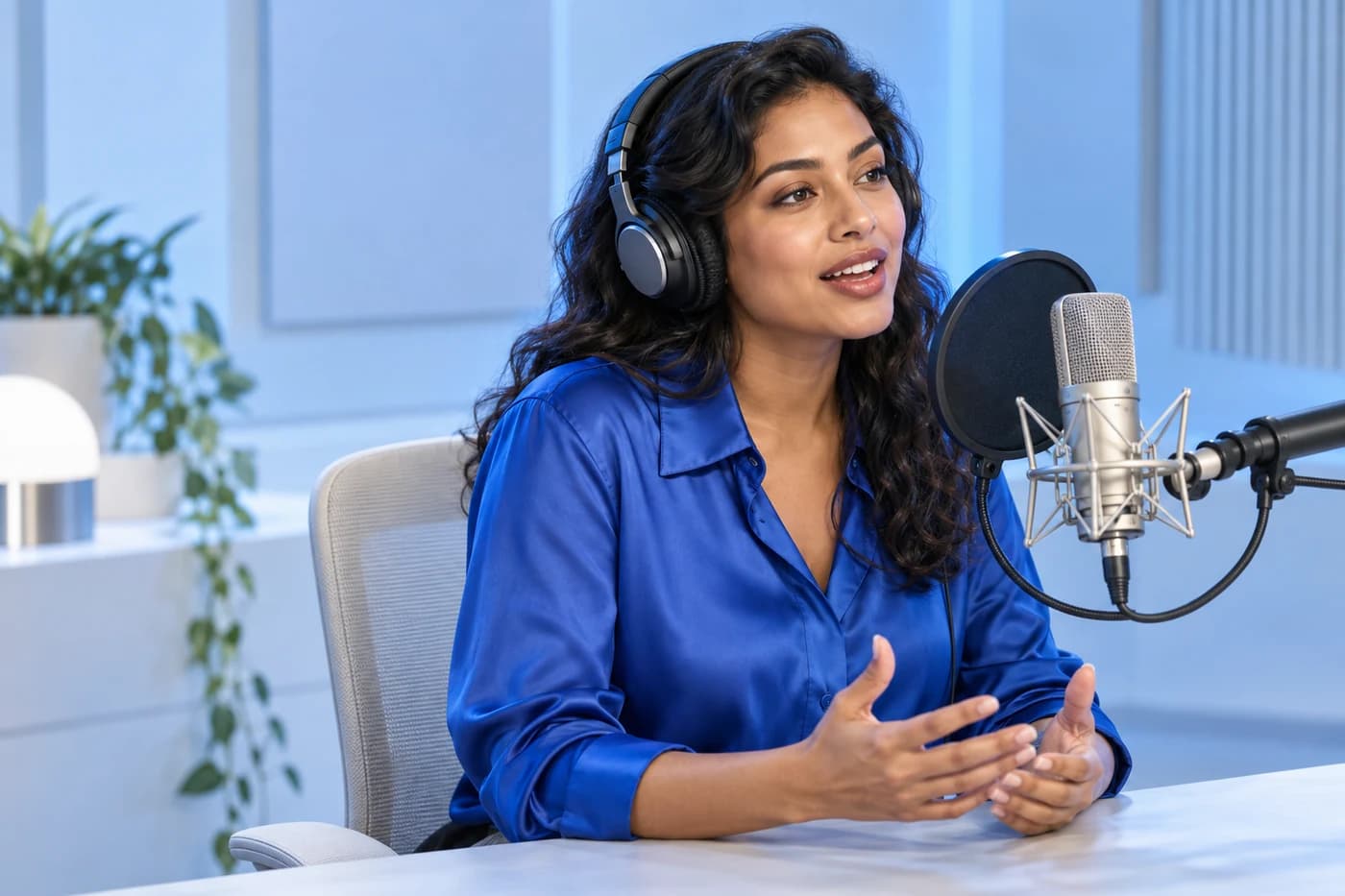 Woman in blue at a silver studio microphone