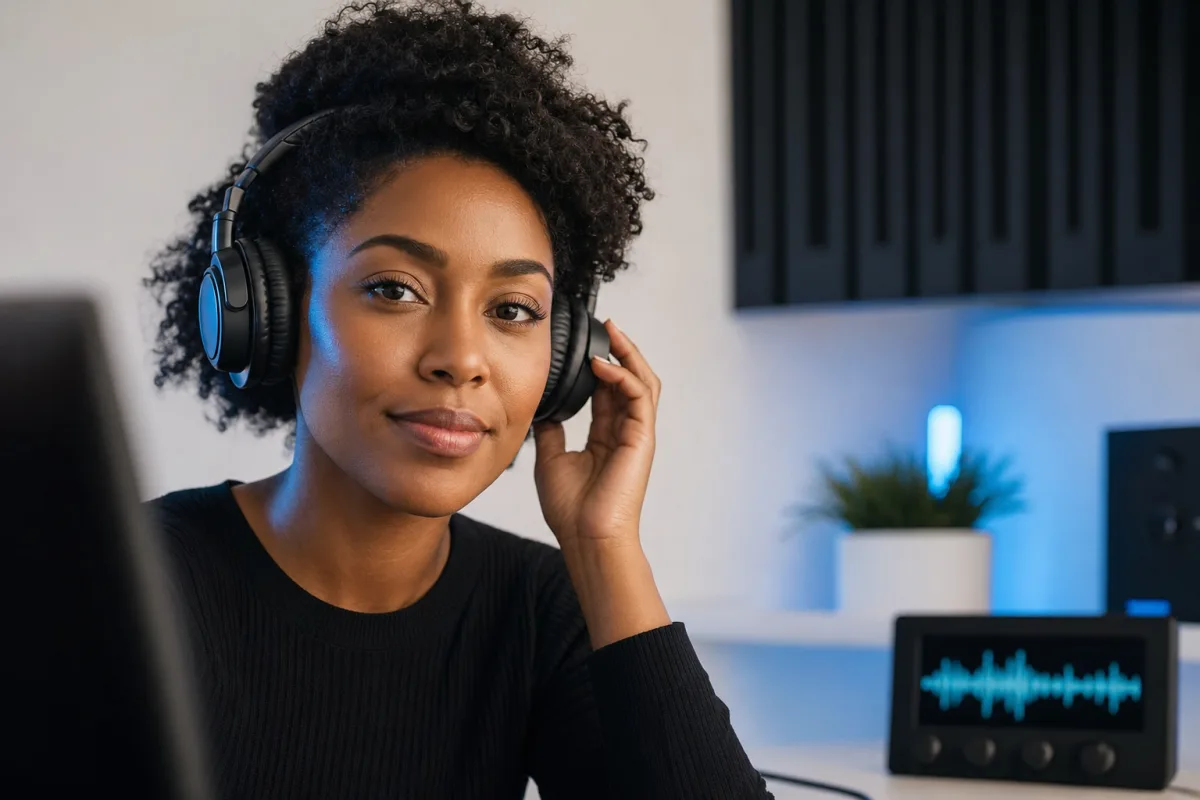 A woman wearing headphones previews an AI voice in a recording studio